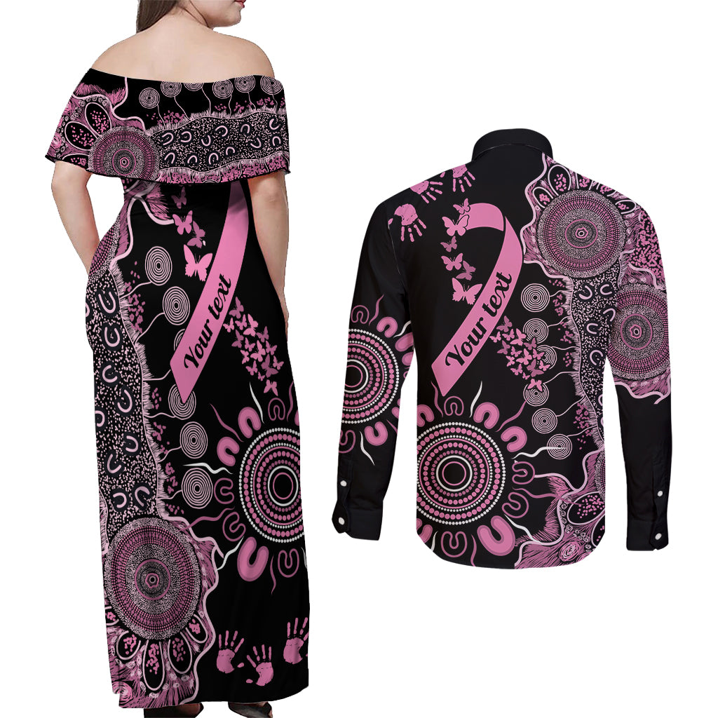 Personalised Aboriginal Ribbons Couples Matching Off Shoulder Maxi Dress and Long Sleeve Button Shirt Beautiful Butterflies Breast Cancer Awareness