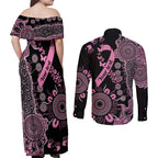 Personalised Aboriginal Ribbons Couples Matching Off Shoulder Maxi Dress and Long Sleeve Button Shirt Beautiful Butterflies Breast Cancer Awareness