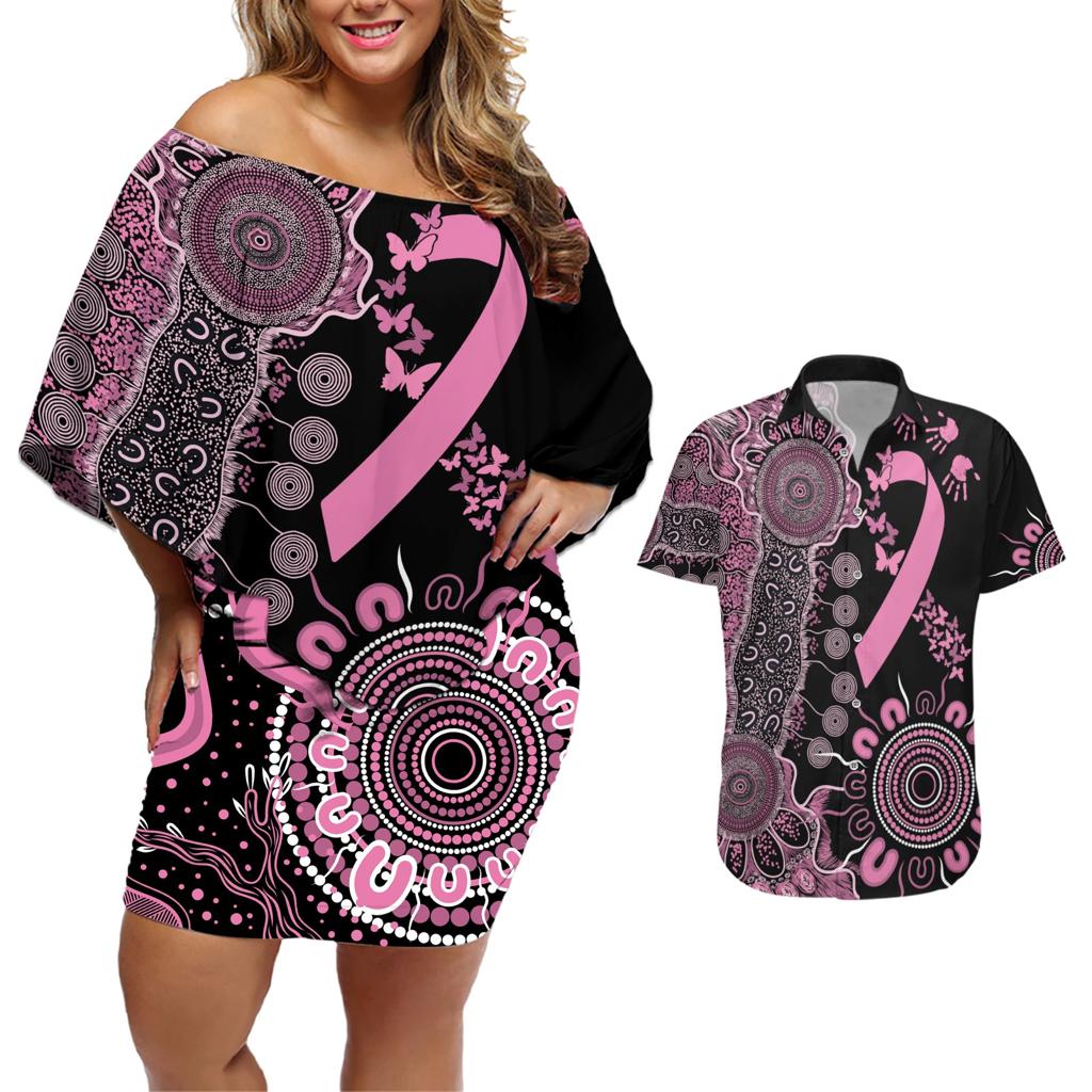 Personalised Aboriginal Ribbons Couples Matching Off Shoulder Short Dress and Hawaiian Shirt Beautiful Butterflies Breast Cancer Awareness