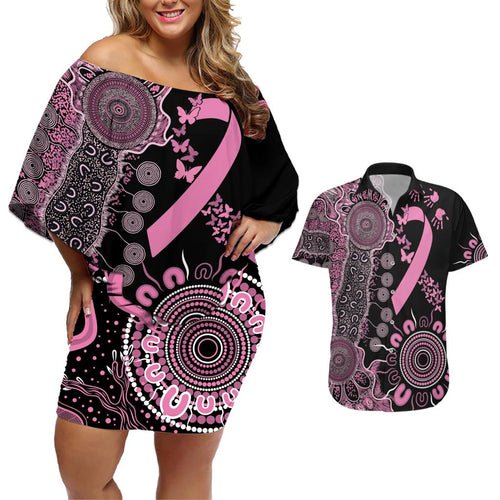 Personalised Aboriginal Ribbons Couples Matching Off Shoulder Short Dress and Hawaiian Shirt Beautiful Butterflies Breast Cancer Awareness
