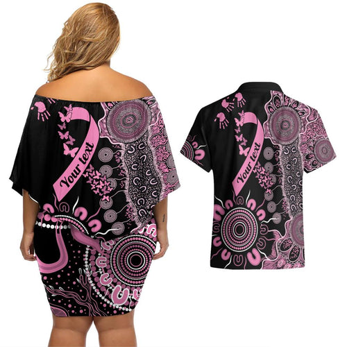 Personalised Aboriginal Ribbons Couples Matching Off Shoulder Short Dress and Hawaiian Shirt Beautiful Butterflies Breast Cancer Awareness
