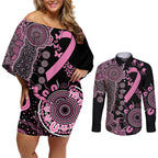 Personalised Aboriginal Ribbons Couples Matching Off Shoulder Short Dress and Long Sleeve Button Shirt Beautiful Butterflies Breast Cancer Awareness