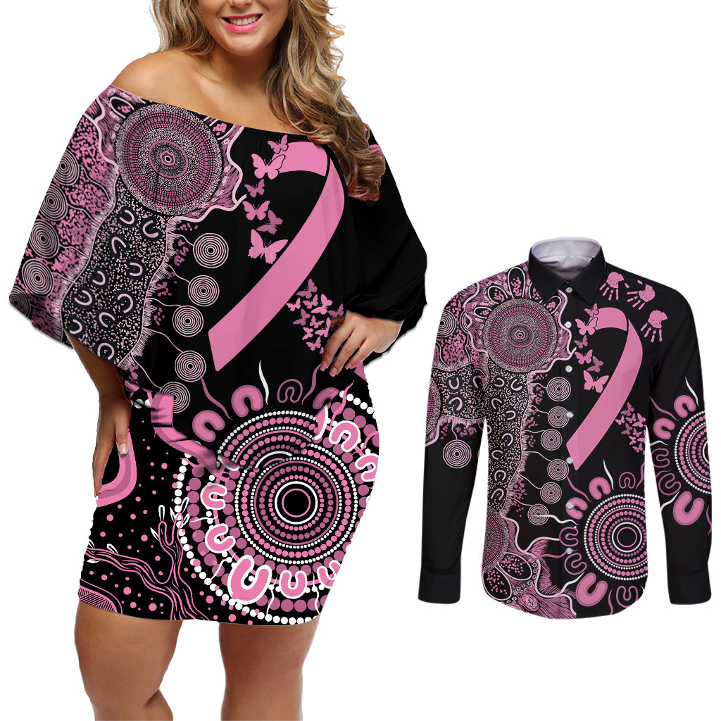 Personalised Aboriginal Ribbons Couples Matching Off Shoulder Short Dress and Long Sleeve Button Shirt Beautiful Butterflies Breast Cancer Awareness