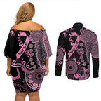 Personalised Aboriginal Ribbons Couples Matching Off Shoulder Short Dress and Long Sleeve Button Shirt Beautiful Butterflies Breast Cancer Awareness