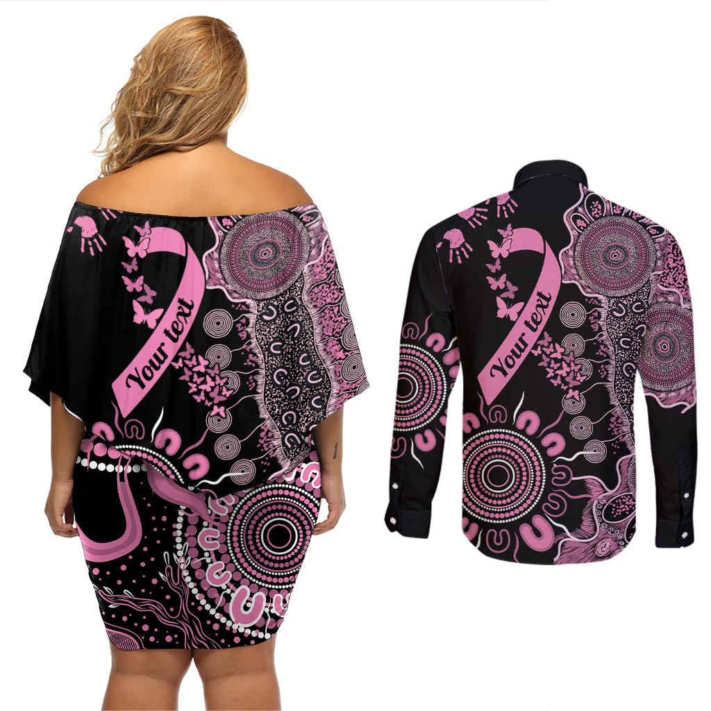 Personalised Aboriginal Ribbons Couples Matching Off Shoulder Short Dress and Long Sleeve Button Shirt Beautiful Butterflies Breast Cancer Awareness