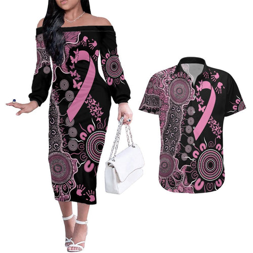 Personalised Aboriginal Ribbons Couples Matching Off The Shoulder Long Sleeve Dress and Hawaiian Shirt Beautiful Butterflies Breast Cancer Awareness