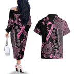 Personalised Aboriginal Ribbons Couples Matching Off The Shoulder Long Sleeve Dress and Hawaiian Shirt Beautiful Butterflies Breast Cancer Awareness