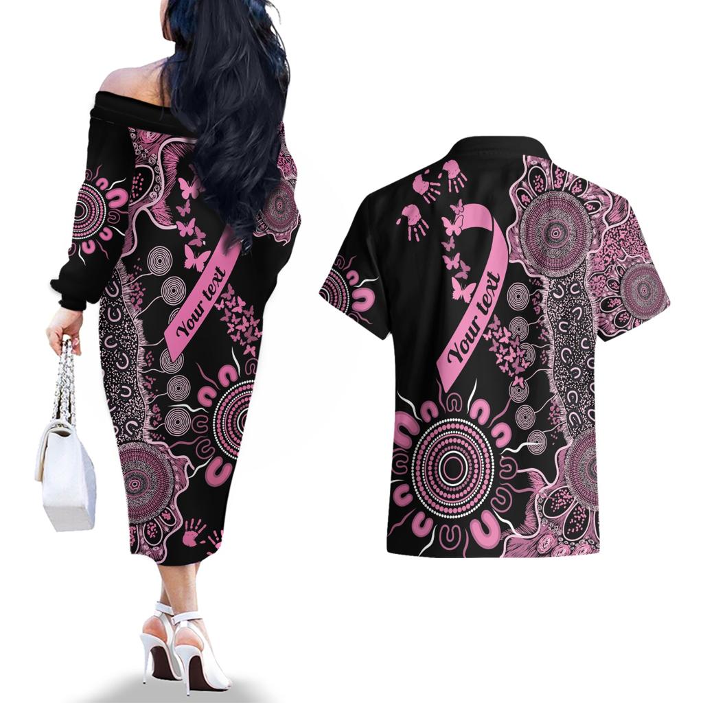 Personalised Aboriginal Ribbons Couples Matching Off The Shoulder Long Sleeve Dress and Hawaiian Shirt Beautiful Butterflies Breast Cancer Awareness