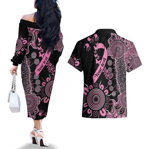 Personalised Aboriginal Ribbons Couples Matching Off The Shoulder Long Sleeve Dress and Hawaiian Shirt Beautiful Butterflies Breast Cancer Awareness