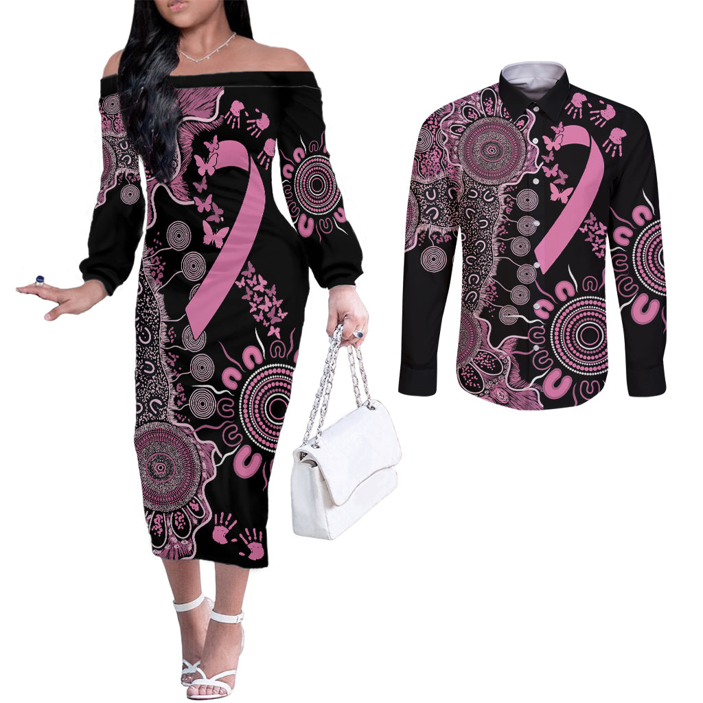 Personalised Aboriginal Ribbons Couples Matching Off The Shoulder Long Sleeve Dress and Long Sleeve Button Shirt Beautiful Butterflies Breast Cancer Awareness