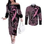 Personalised Aboriginal Ribbons Couples Matching Off The Shoulder Long Sleeve Dress and Long Sleeve Button Shirt Beautiful Butterflies Breast Cancer Awareness