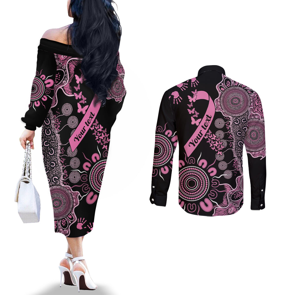 Personalised Aboriginal Ribbons Couples Matching Off The Shoulder Long Sleeve Dress and Long Sleeve Button Shirt Beautiful Butterflies Breast Cancer Awareness
