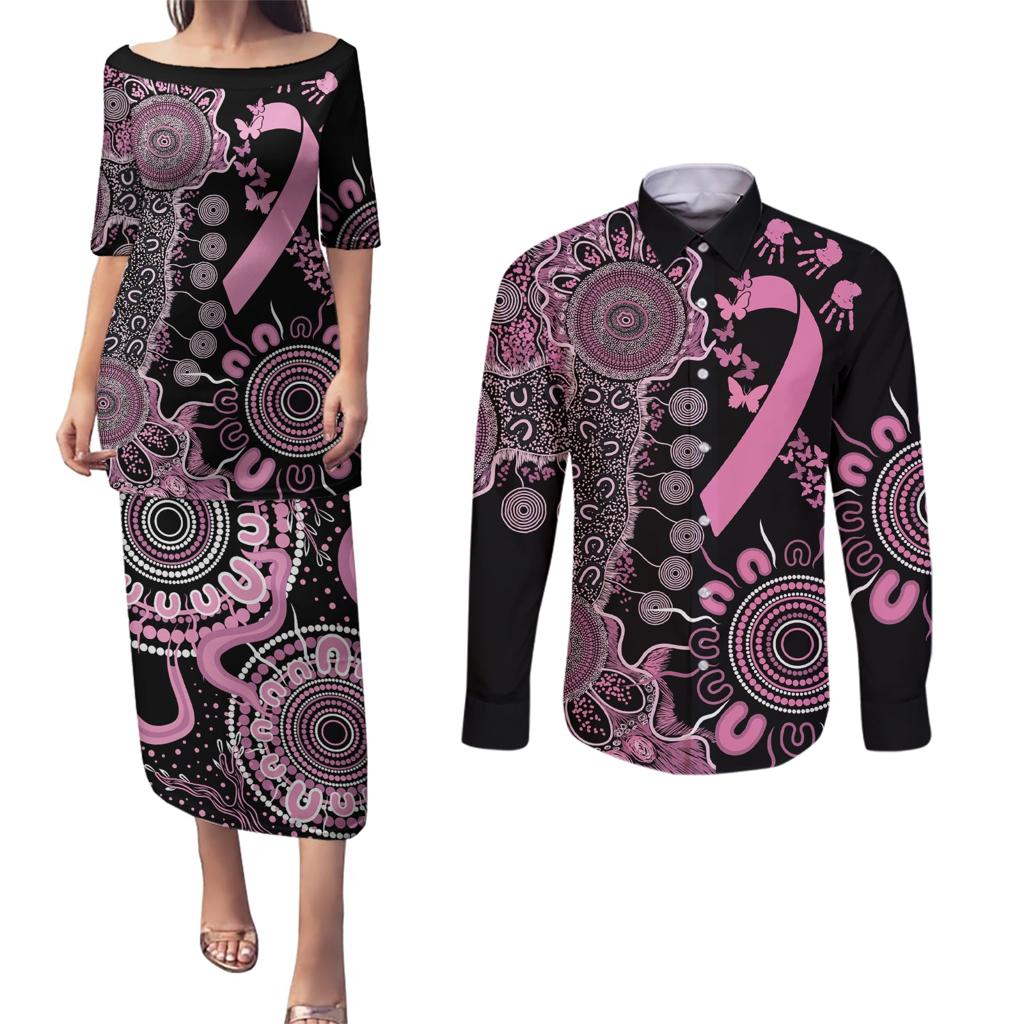 Personalised Aboriginal Ribbons Couples Matching Puletasi and Long Sleeve Button Shirt Beautiful Butterflies Breast Cancer Awareness