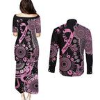 Personalised Aboriginal Ribbons Couples Matching Puletasi and Long Sleeve Button Shirt Beautiful Butterflies Breast Cancer Awareness