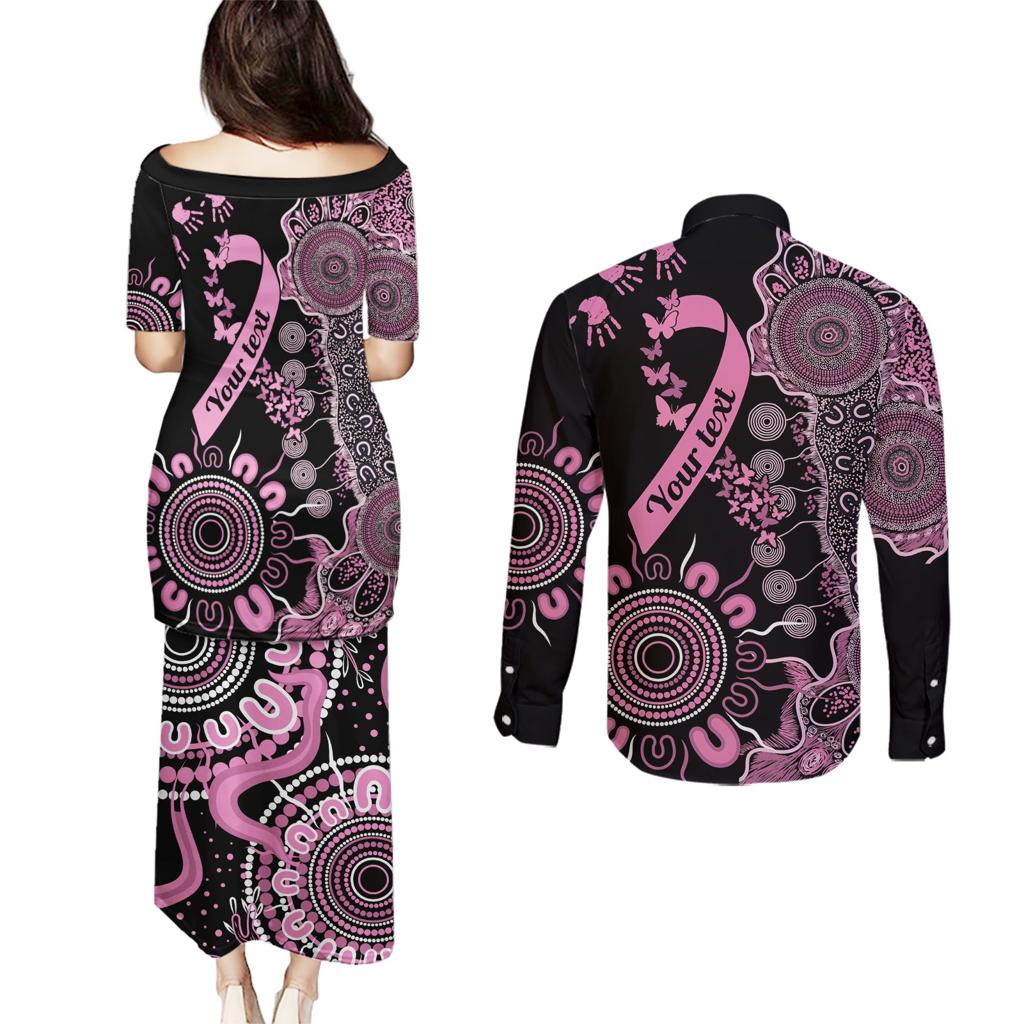 Personalised Aboriginal Ribbons Couples Matching Puletasi and Long Sleeve Button Shirt Beautiful Butterflies Breast Cancer Awareness