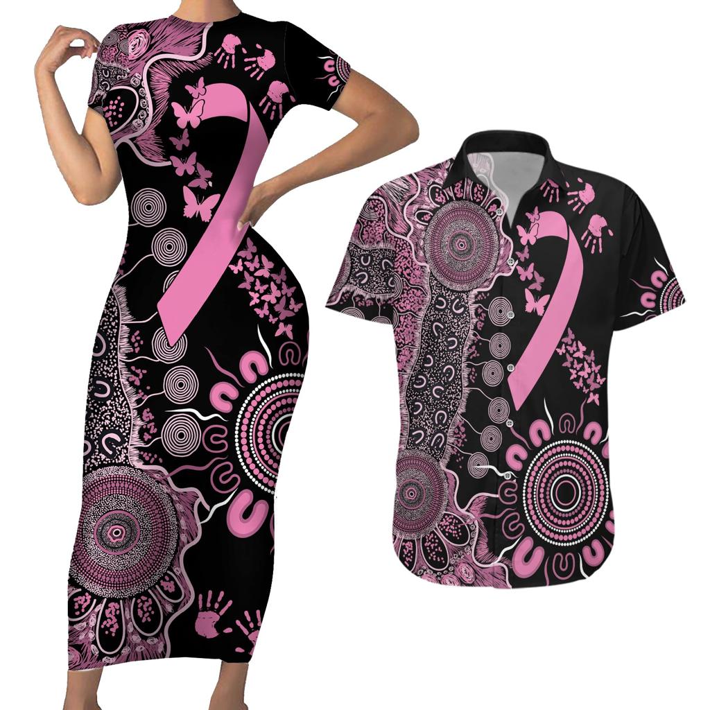 Personalised Aboriginal Ribbons Couples Matching Short Sleeve Bodycon Dress and Hawaiian Shirt Beautiful Butterflies Breast Cancer Awareness