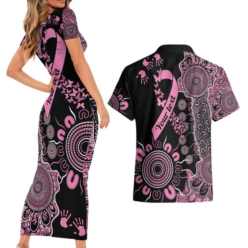 Personalised Aboriginal Ribbons Couples Matching Short Sleeve Bodycon Dress and Hawaiian Shirt Beautiful Butterflies Breast Cancer Awareness