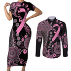 Personalised Aboriginal Ribbons Couples Matching Short Sleeve Bodycon Dress and Long Sleeve Button Shirt Beautiful Butterflies Breast Cancer Awareness