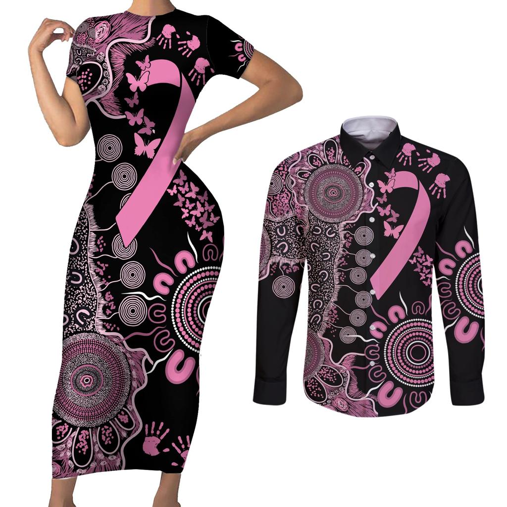 Personalised Aboriginal Ribbons Couples Matching Short Sleeve Bodycon Dress and Long Sleeve Button Shirt Beautiful Butterflies Breast Cancer Awareness