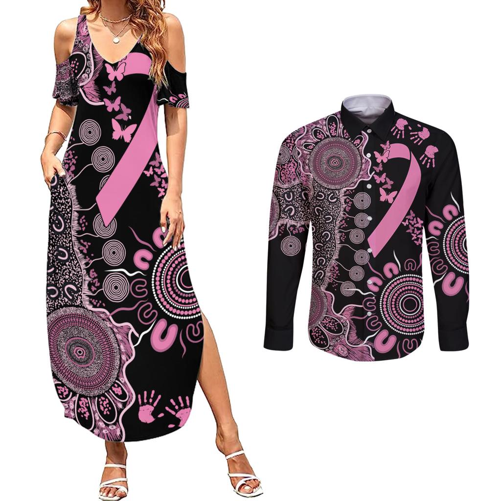 Personalised Aboriginal Ribbons Couples Matching Summer Maxi Dress and Long Sleeve Button Shirt Beautiful Butterflies Breast Cancer Awareness