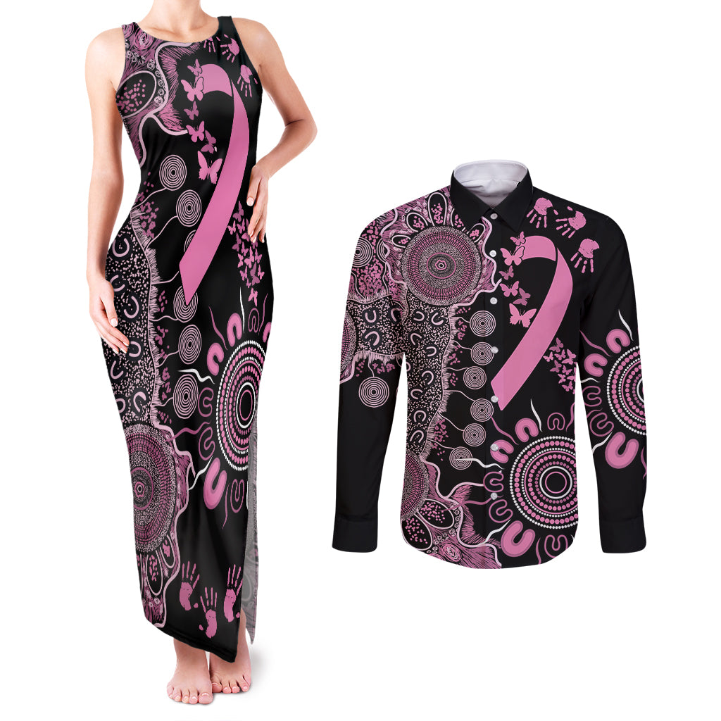 Personalised Aboriginal Ribbons Couples Matching Tank Maxi Dress and Long Sleeve Button Shirt Beautiful Butterflies Breast Cancer Awareness