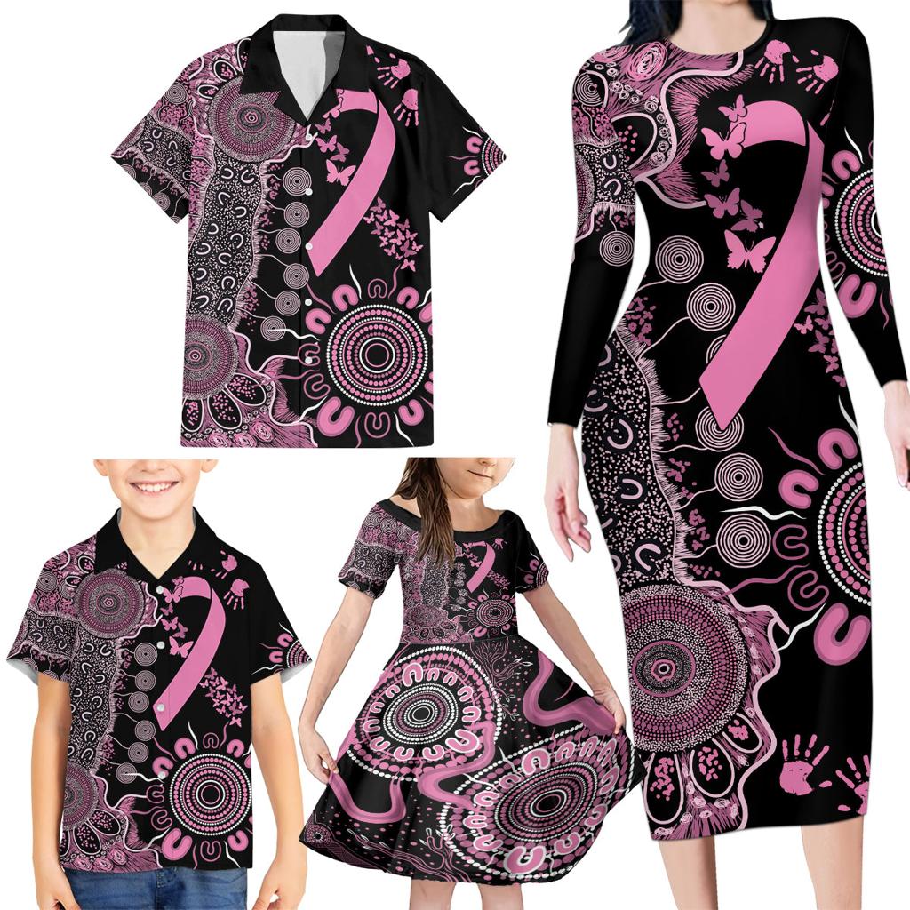 Personalised Aboriginal Ribbons Family Matching Long Sleeve Bodycon Dress and Hawaiian Shirt Beautiful Butterflies Breast Cancer Awareness