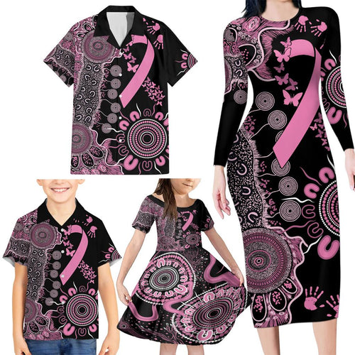Personalised Aboriginal Ribbons Family Matching Long Sleeve Bodycon Dress and Hawaiian Shirt Beautiful Butterflies Breast Cancer Awareness
