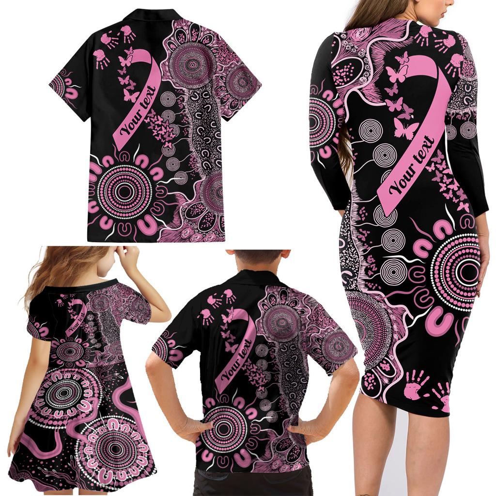 Personalised Aboriginal Ribbons Family Matching Long Sleeve Bodycon Dress and Hawaiian Shirt Beautiful Butterflies Breast Cancer Awareness