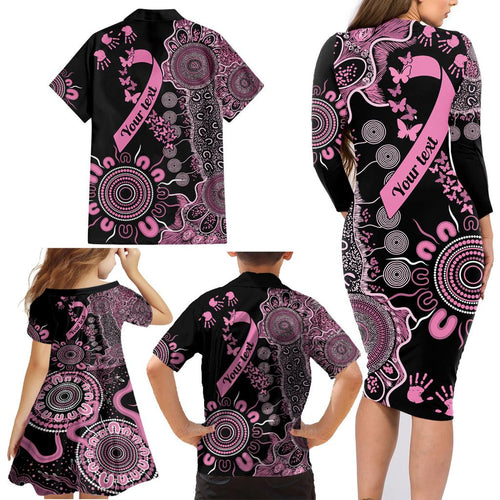 Personalised Aboriginal Ribbons Family Matching Long Sleeve Bodycon Dress and Hawaiian Shirt Beautiful Butterflies Breast Cancer Awareness