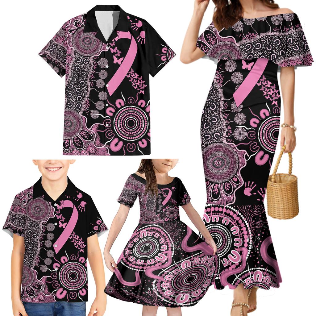 Personalised Aboriginal Ribbons Family Matching Mermaid Dress and Hawaiian Shirt Beautiful Butterflies Breast Cancer Awareness
