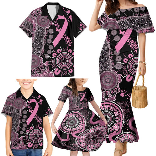 Personalised Aboriginal Ribbons Family Matching Mermaid Dress and Hawaiian Shirt Beautiful Butterflies Breast Cancer Awareness