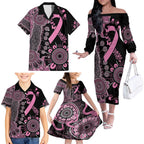 Personalised Aboriginal Ribbons Family Matching Off The Shoulder Long Sleeve Dress and Hawaiian Shirt Beautiful Butterflies Breast Cancer Awareness