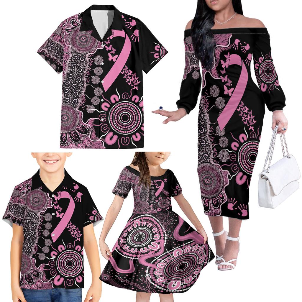 Personalised Aboriginal Ribbons Family Matching Off The Shoulder Long Sleeve Dress and Hawaiian Shirt Beautiful Butterflies Breast Cancer Awareness