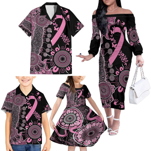 Personalised Aboriginal Ribbons Family Matching Off The Shoulder Long Sleeve Dress and Hawaiian Shirt Beautiful Butterflies Breast Cancer Awareness