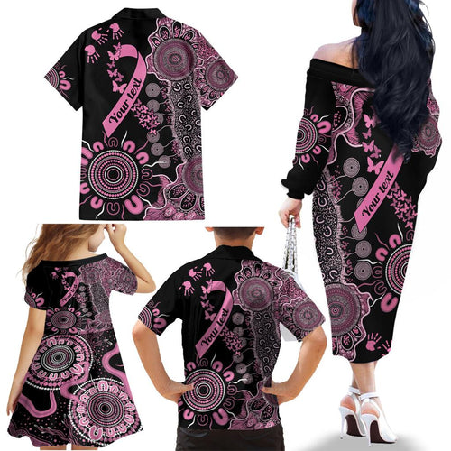 Personalised Aboriginal Ribbons Family Matching Off The Shoulder Long Sleeve Dress and Hawaiian Shirt Beautiful Butterflies Breast Cancer Awareness