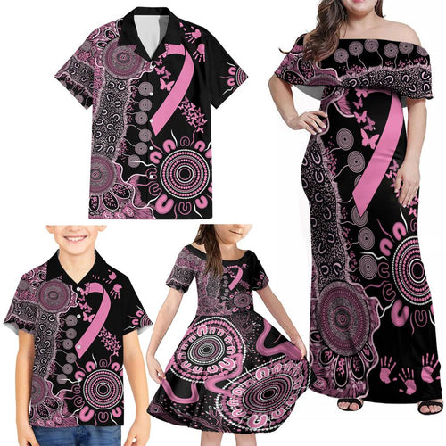 Personalised Aboriginal Ribbons Family Matching Off Shoulder Maxi Dress and Hawaiian Shirt Beautiful Butterflies Breast Cancer Awareness