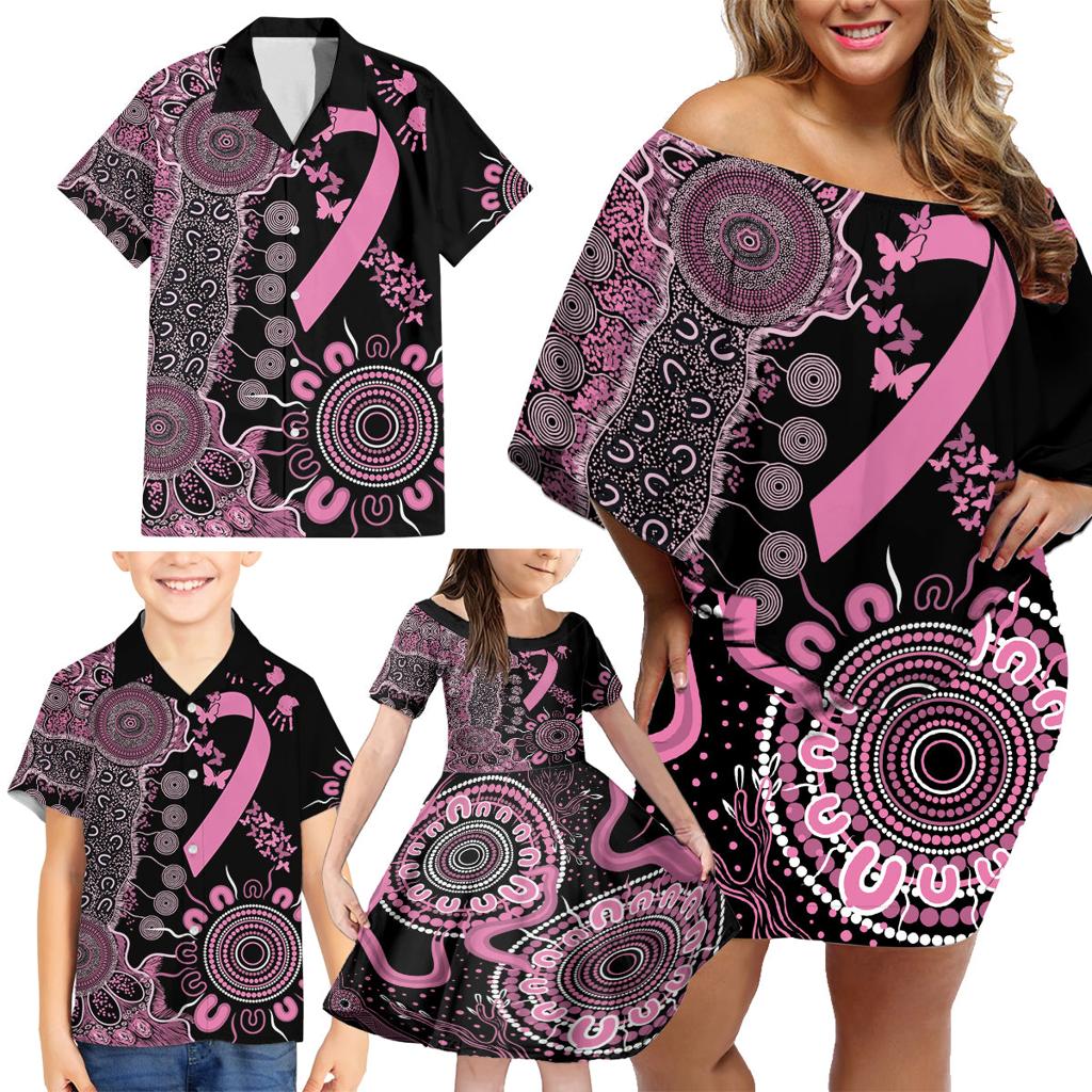 Personalised Aboriginal Ribbons Family Matching Off Shoulder Short Dress and Hawaiian Shirt Beautiful Butterflies Breast Cancer Awareness