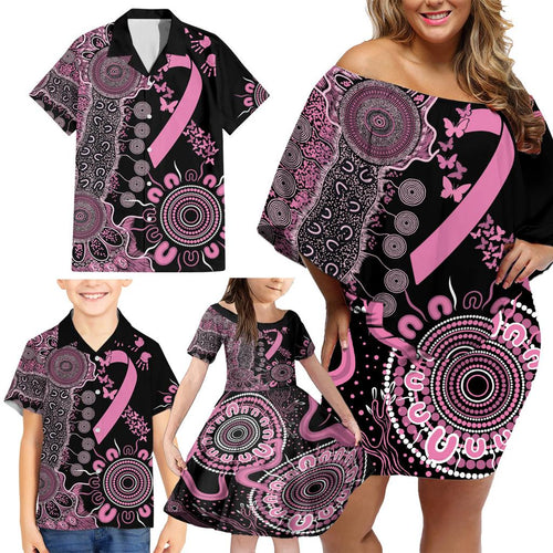 Personalised Aboriginal Ribbons Family Matching Off Shoulder Short Dress and Hawaiian Shirt Beautiful Butterflies Breast Cancer Awareness
