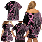 Personalised Aboriginal Ribbons Family Matching Off Shoulder Short Dress and Hawaiian Shirt Beautiful Butterflies Breast Cancer Awareness