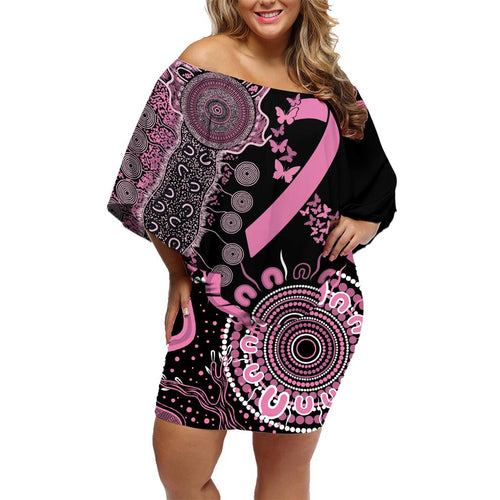 Personalised Aboriginal Ribbons Family Matching Off Shoulder Short Dress and Hawaiian Shirt Beautiful Butterflies Breast Cancer Awareness