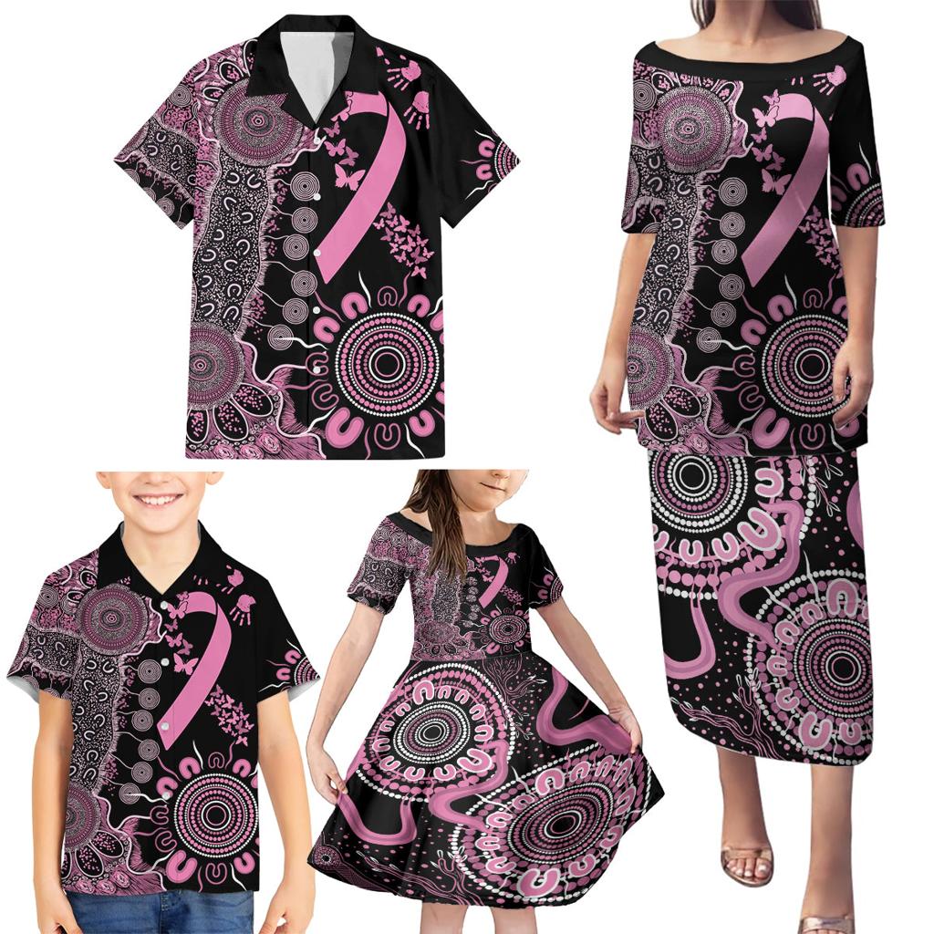 Personalised Aboriginal Ribbons Family Matching Puletasi and Hawaiian Shirt Beautiful Butterflies Breast Cancer Awareness