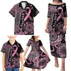 Personalised Aboriginal Ribbons Family Matching Puletasi and Hawaiian Shirt Beautiful Butterflies Breast Cancer Awareness