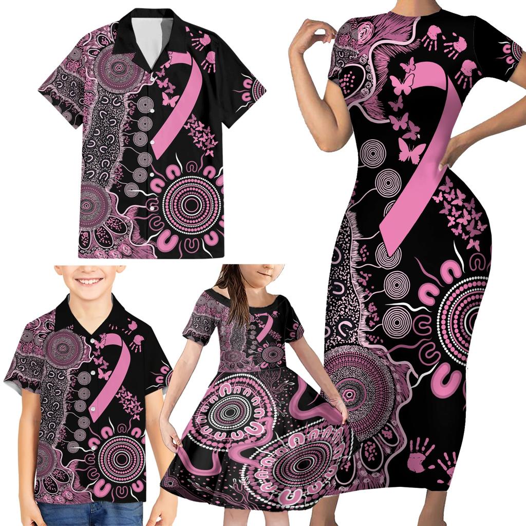 Personalised Aboriginal Ribbons Family Matching Short Sleeve Bodycon Dress and Hawaiian Shirt Beautiful Butterflies Breast Cancer Awareness