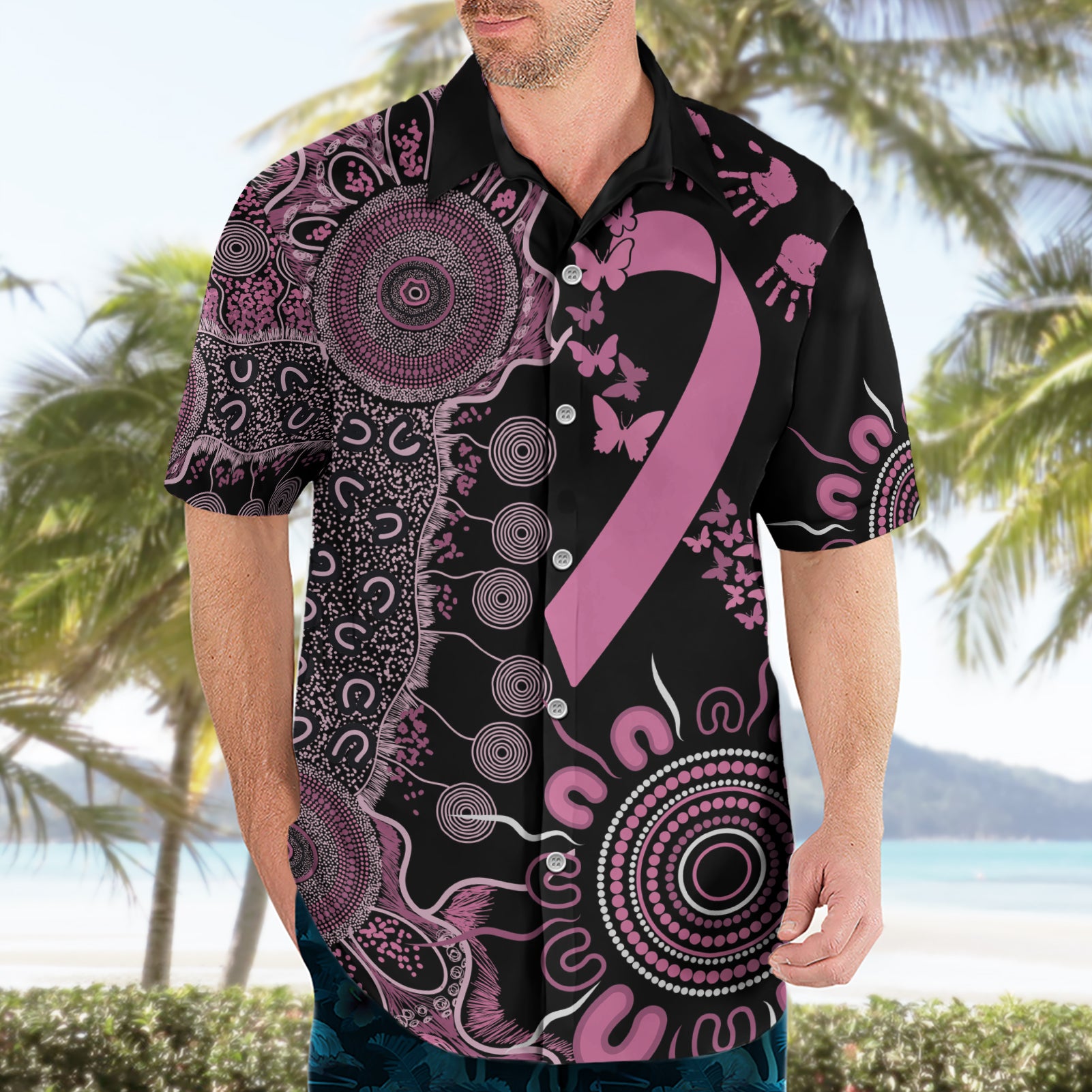 Personalised Aboriginal Ribbons Hawaiian Shirt Beautiful Butterflies Breast Cancer Awareness