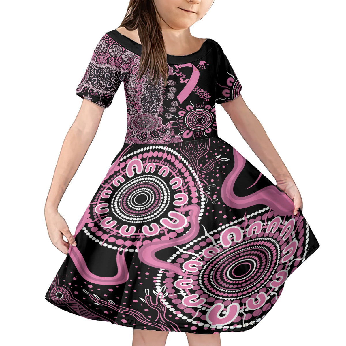 Personalised Aboriginal Ribbons Kid Short Sleeve Dress Beautiful Butterflies Breast Cancer Awareness