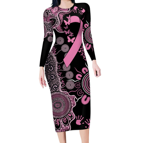 Personalised Aboriginal Ribbons Long Sleeve Bodycon Dress Beautiful Butterflies Breast Cancer Awareness