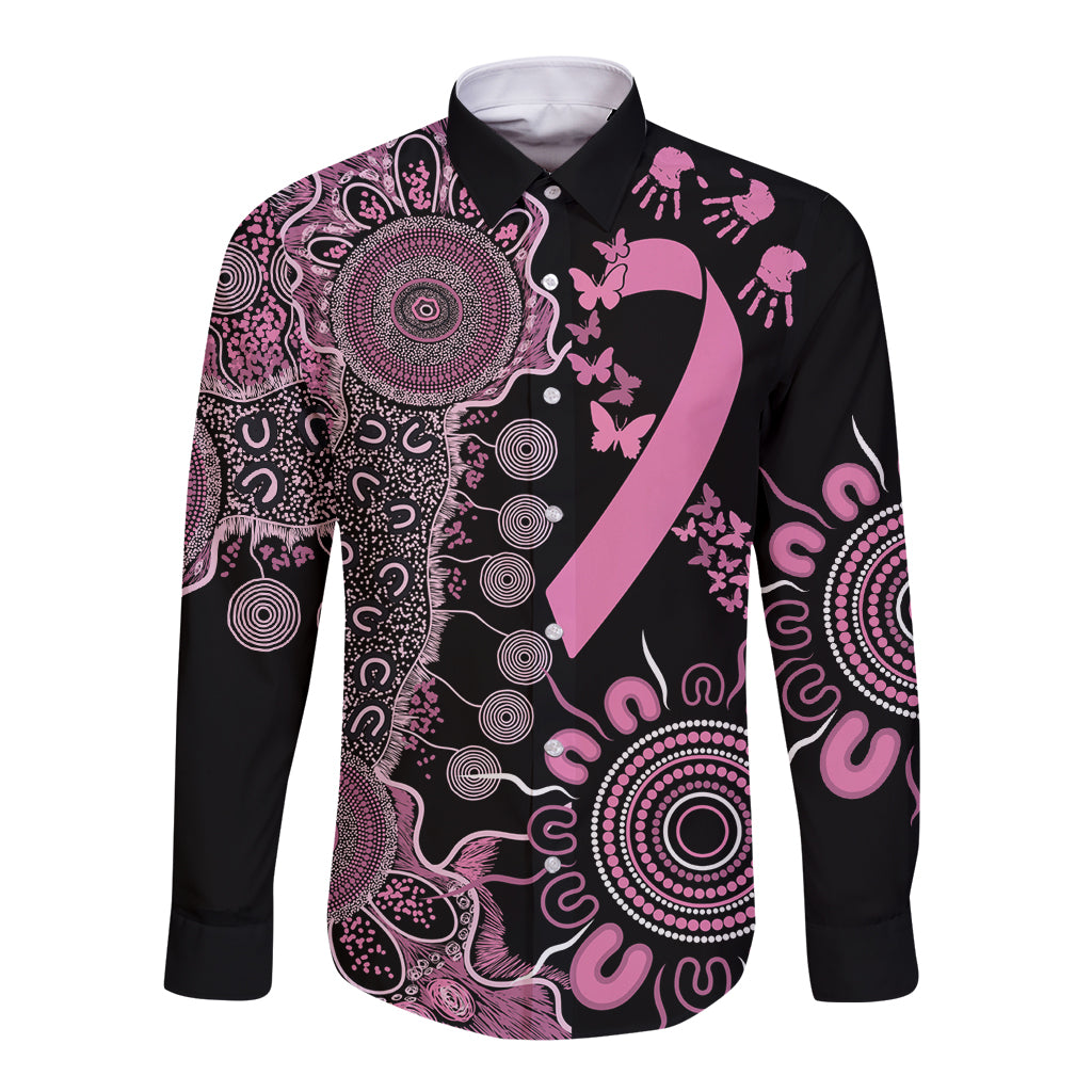 Personalised Aboriginal Ribbons Long Sleeve Button Shirt Beautiful Butterflies Breast Cancer Awareness
