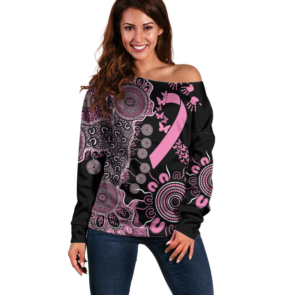 Personalised Aboriginal Ribbons Off Shoulder Sweater Beautiful Butterflies Breast Cancer Awareness