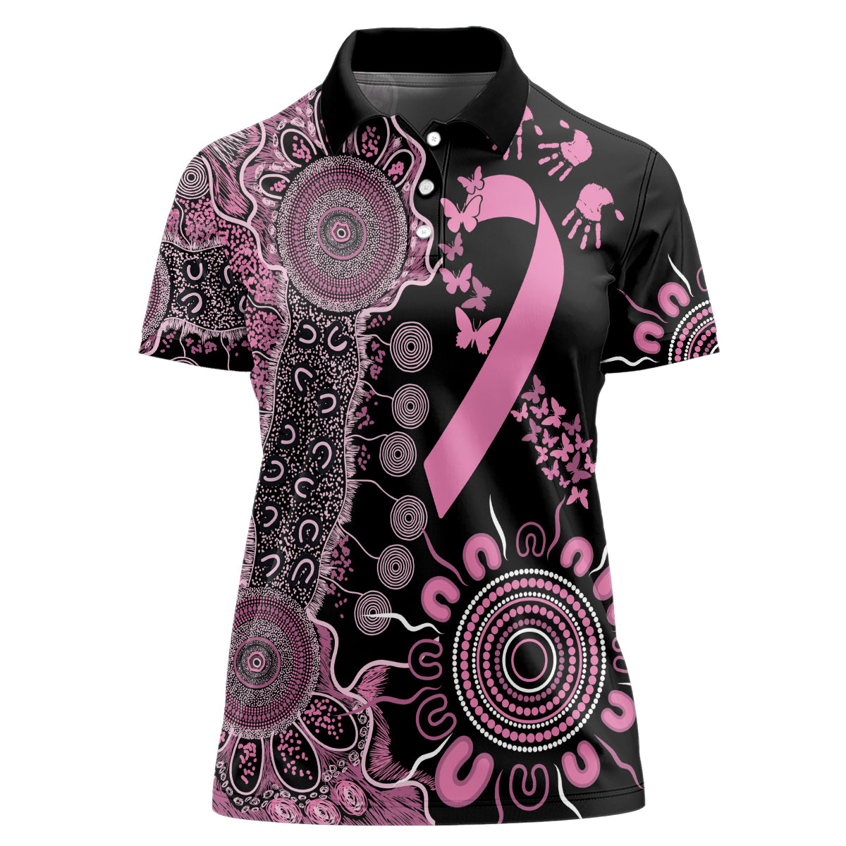 Personalised Aboriginal Ribbons Women Polo Shirt Beautiful Butterflies Breast Cancer Awareness