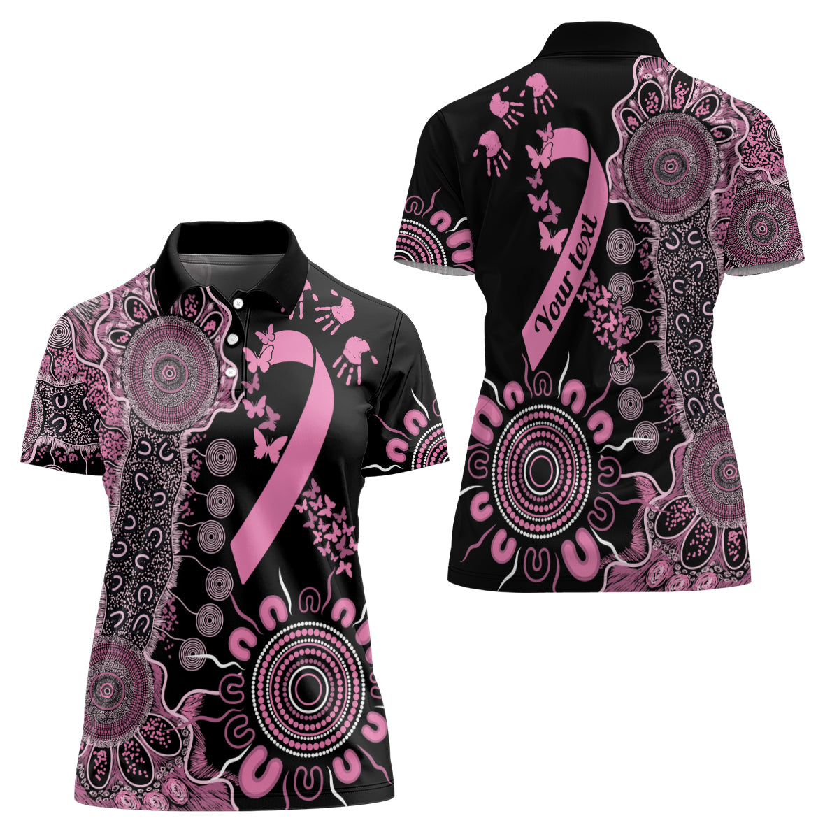 Personalised Aboriginal Ribbons Women Polo Shirt Beautiful Butterflies Breast Cancer Awareness